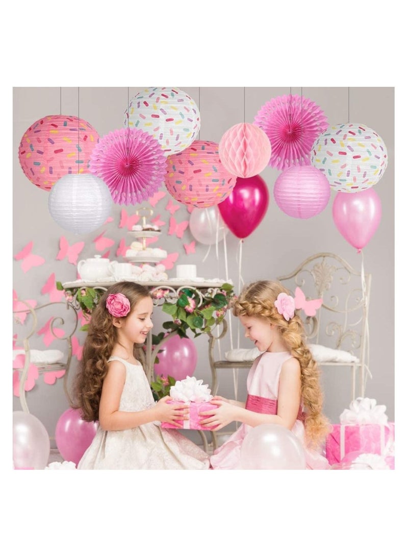 SYOSI تزيينات حفل عيد الميلاد على شكل الدونات، 9 قطع من لوازم حفلة الدونات، فوانيس الدونات، مروحة ورقية على شكل الدونات، كرة شمعية للزينة، فوانيس ورقية معلقة لحفلة استحمام الأطفال، عيد ميلاد الأطفال، وحفلة آيس كريم (زهري) - Image 2