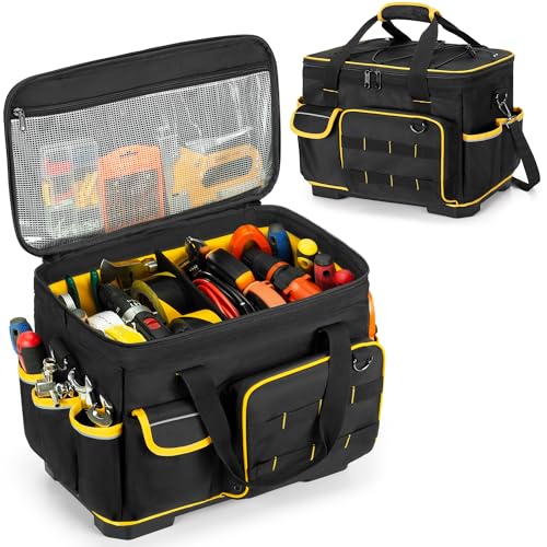 Marscamd 16inch Tool Bag with Hard Bottom and a Detachable Divider Heavy Duty Tool Tote with Multiple Pockets Black - Image 1