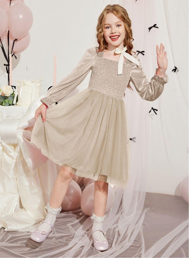 Arshiner فستان أرتشينر من المخمل للفتيات الصغيرات بأكمام طويلة منفوشة من تول لعيد الميلاد الأميرة الفاخرة فستان مسابقة الفتيات بيج 4t - Image 4