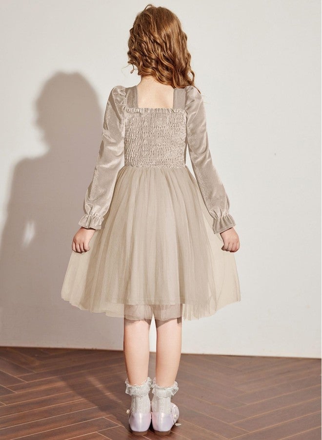 Arshiner فستان أرتشينر من المخمل للفتيات الصغيرات بأكمام طويلة منفوشة من تول لعيد الميلاد الأميرة الفاخرة فستان مسابقة الفتيات بيج 4t - Image 3