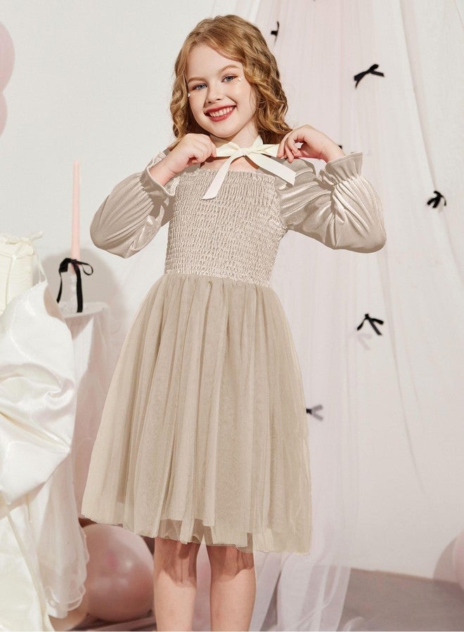 Arshiner فستان أرتشينر من المخمل للفتيات الصغيرات بأكمام طويلة منفوشة من تول لعيد الميلاد الأميرة الفاخرة فستان مسابقة الفتيات بيج 4t - Image 5