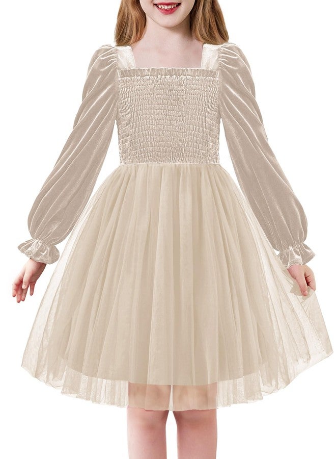 Arshiner فستان أرتشينر من المخمل للفتيات الصغيرات بأكمام طويلة منفوشة من تول لعيد الميلاد الأميرة الفاخرة فستان مسابقة الفتيات بيج 4t - Image 1