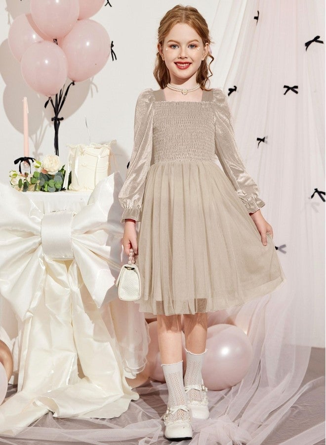 Arshiner فستان أرتشينر من المخمل للفتيات الصغيرات بأكمام طويلة منفوشة من تول لعيد الميلاد الأميرة الفاخرة فستان مسابقة الفتيات بيج 4t - Image 2