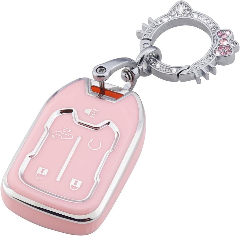 PANGPAI Pink Key Fob Cover for Chevy GMC, Soft TPU Key Case Protection with Bling Keychain Fit for Silverado GMC Sierra 1500 2500HD 3500HD Terrain Acadia 5 Buttons - Image 1