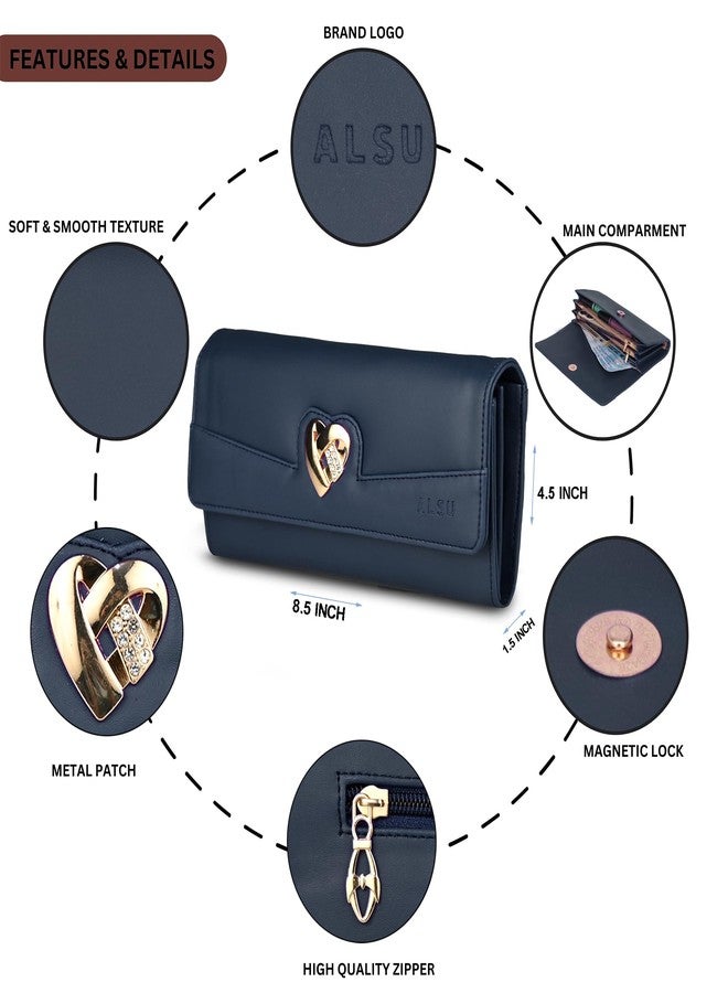 ALSU Women's Hand Wallet Purse Clutch | Phone Slots | Coin Pocket | 4 Card Slots| Zip Pocket| Trendy| Party use| Casual use| Faux Leather| (Blue) - Image 4