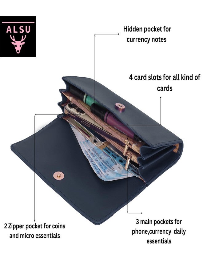 ALSU Women's Hand Wallet Purse Clutch | Phone Slots | Coin Pocket | 4 Card Slots| Zip Pocket| Trendy| Party use| Casual use| Faux Leather| (Blue) - Image 5