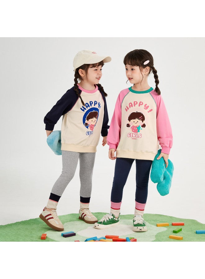 JELLYBABY Cartoon Color Block】spring Outfit For Girls, Back-to-school Season Set, Children's Pullover Hoodie + Leggings Casual Two-piece Set - Image 3