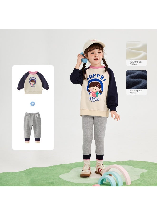 JELLYBABY Cartoon Color Block】spring Outfit For Girls, Back-to-school Season Set, Children's Pullover Hoodie + Leggings Casual Two-piece Set - Image 2