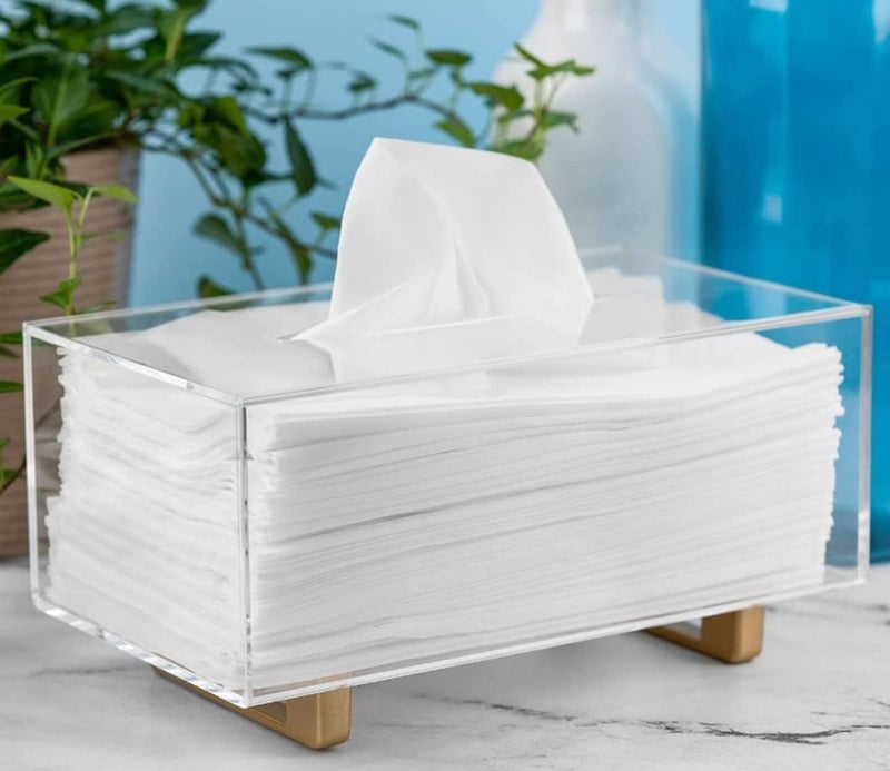 YoBa Thick Acrylic Tissue Box Holder Rectangular Clear Tissue Box Dispenser with Gold Plated Aluminum Legs for Bathroom, Kitchen, Bedroom, Office, Hotels and Restaurant - Image 4