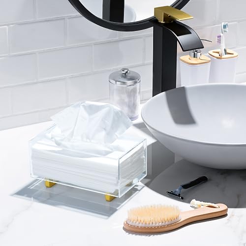 YoBa Thick Acrylic Tissue Box Holder Rectangular Clear Tissue Box Dispenser with Gold Plated Aluminum Legs for Bathroom, Kitchen, Bedroom, Office, Hotels and Restaurant - Image 3