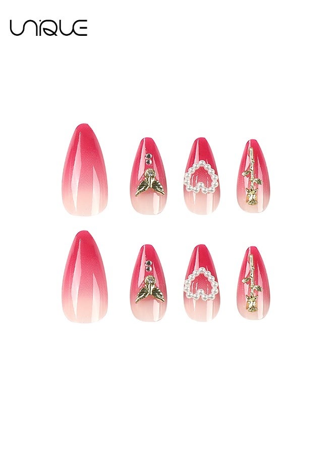 Unique 24Pcs Fake Nails, Press Nails, Mid-Almond Manicure -Gradient Red Pearl Heart Manicure - Three-dimensional Golden Rose Manicure - Fake Nail Patch  - Image 5