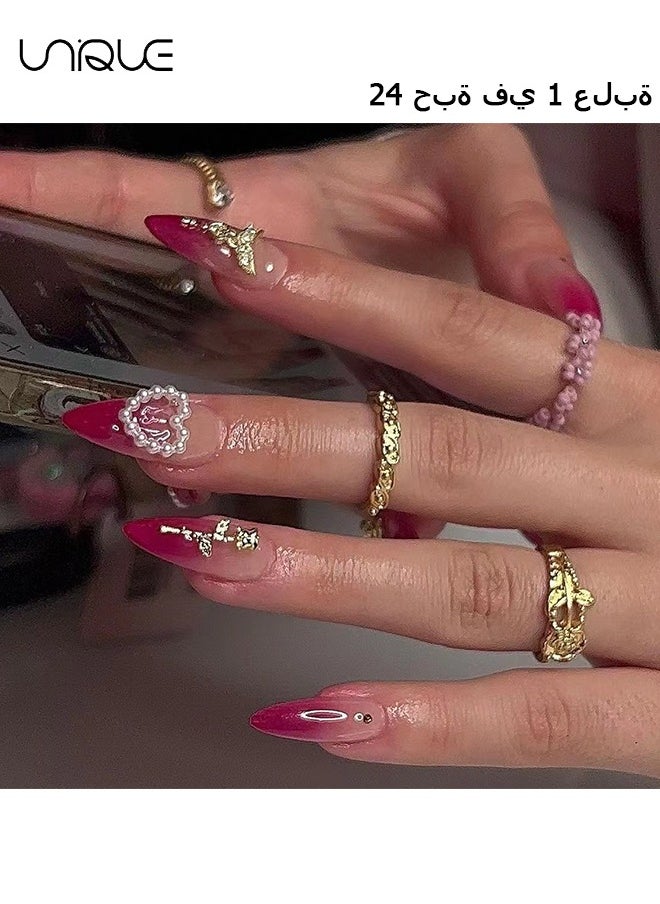 Unique 24Pcs Fake Nails, Press Nails, Mid-Almond Manicure -Gradient Red Pearl Heart Manicure - Three-dimensional Golden Rose Manicure - Fake Nail Patch  - Image 1