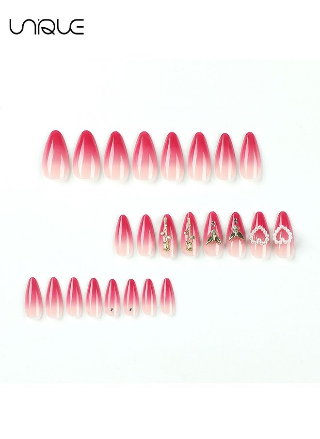 Unique 24Pcs Fake Nails, Press Nails, Mid-Almond Manicure -Gradient Red Pearl Heart Manicure - Three-dimensional Golden Rose Manicure - Fake Nail Patch  - Image 4