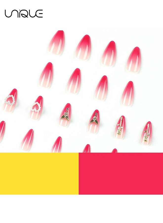 Unique 24Pcs Fake Nails, Press Nails, Mid-Almond Manicure -Gradient Red Pearl Heart Manicure - Three-dimensional Golden Rose Manicure - Fake Nail Patch  - Image 2