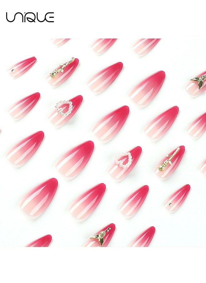 Unique 24Pcs Fake Nails, Press Nails, Mid-Almond Manicure -Gradient Red Pearl Heart Manicure - Three-dimensional Golden Rose Manicure - Fake Nail Patch  - Image 3