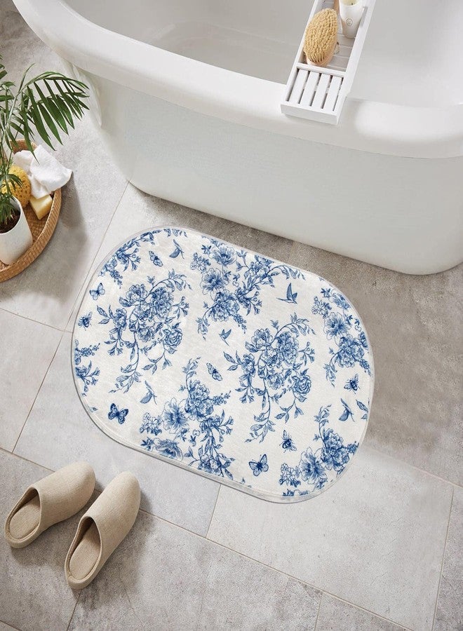 BBSET Blue Floral Chinoiserie Bath Mats for Bathroom Blue and White Flower Vintage Rug for Room Decor (31x20inch, Flower and Birds) - Image 1
