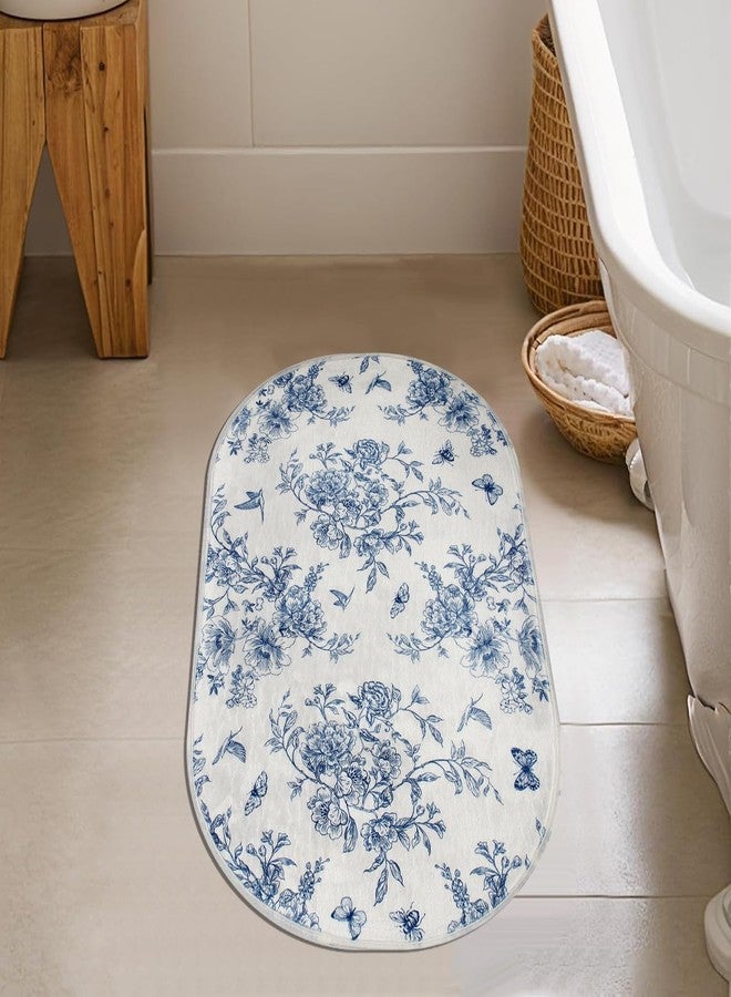 BBSET Blue Floral Chinoiserie Bath Mats for Bathroom Blue and White Flower Vintage Rug for Room Decor (31x20inch, Flower and Birds) - Image 2