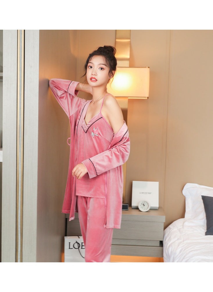 Generic - Autumn and winter women's pajamas three-piece set embroidered gold velvet pajamas long-sleeved women's winter home clothes - Image 1
