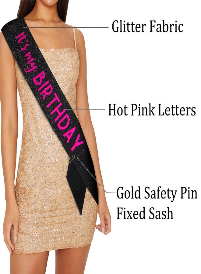 BAHABY It's My Birthday Sash Black Glitter Sash with Hot Pink Foil Happy Birthday Decorations for Women Girls Men Boys Black Party Decorations - Image 5