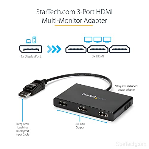 StarTech.com 3-Port Multi Monitor Adapter - DisplayPort 1.2 to 3x HDMI MST Hub - Triple 1080p HDMI Monitors - Video Splitter for Extended Desktop Mode on Windows PCs Only - DP to 3x HDMI (MSTDP123HD) - Image 2