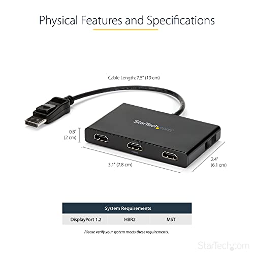 StarTech.com 3-Port Multi Monitor Adapter - DisplayPort 1.2 to 3x HDMI MST Hub - Triple 1080p HDMI Monitors - Video Splitter for Extended Desktop Mode on Windows PCs Only - DP to 3x HDMI (MSTDP123HD) - Image 3