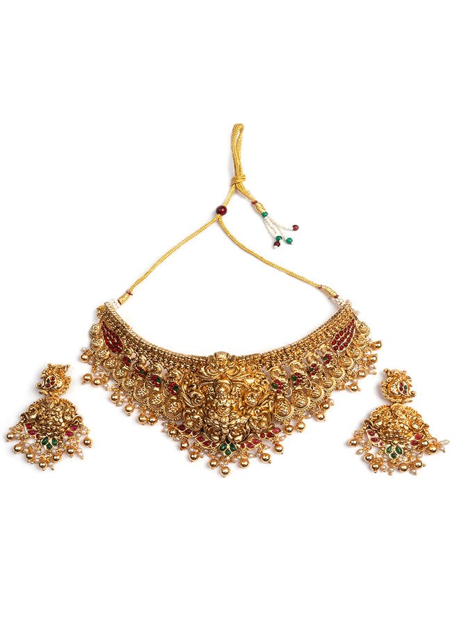StileAdda Gold-Plated Temple Necklace and Earrings Set with Stone Studs - Image 2