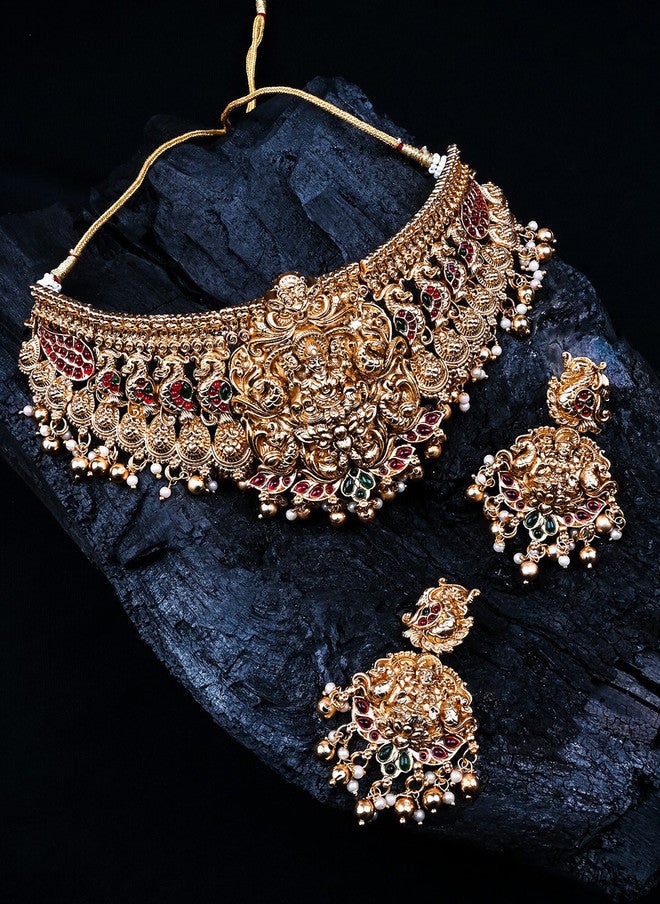StileAdda Gold-Plated Temple Necklace and Earrings Set with Stone Studs - Image 1