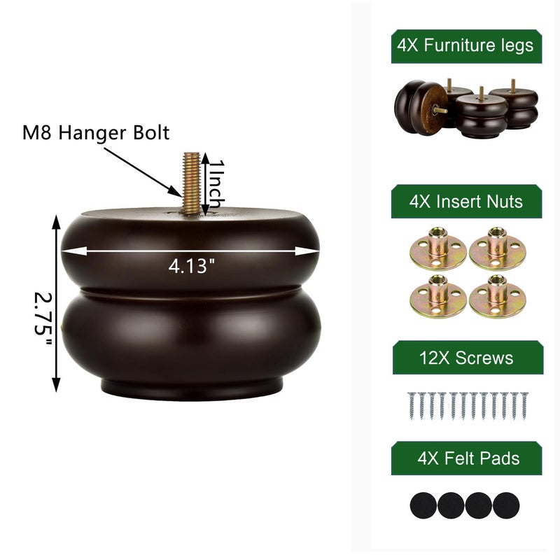 Michanco 3 Inch/ 7CM Round Furniture Legs Replacement Couch Sofa Legs Set of 4 Chunky Bun Feet for Furniture Wood Legs Mid Century Predrilled M8 Bolt - Image 5