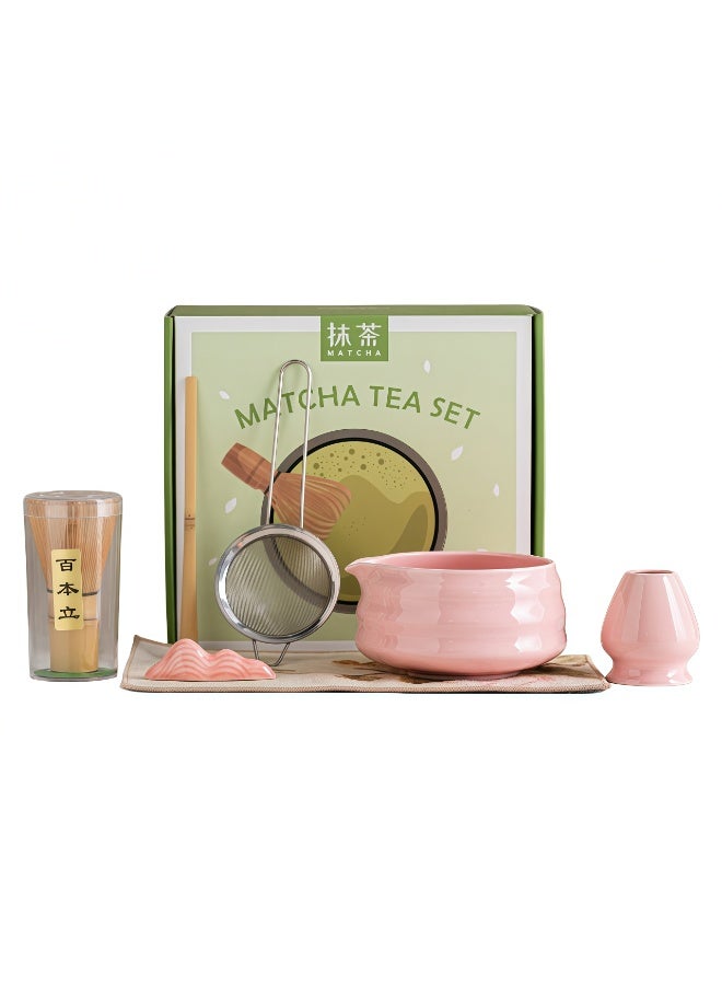 HengLiSam 7 Pcs Matcha Whisk Set, Matcha Set with Ceramic Bowl, Whisk, Whisk Holder, Bamboo Scoop, Sifter, Spoon and Holder, Matcha Kit for Matcha Lover (Pink) - Image 1
