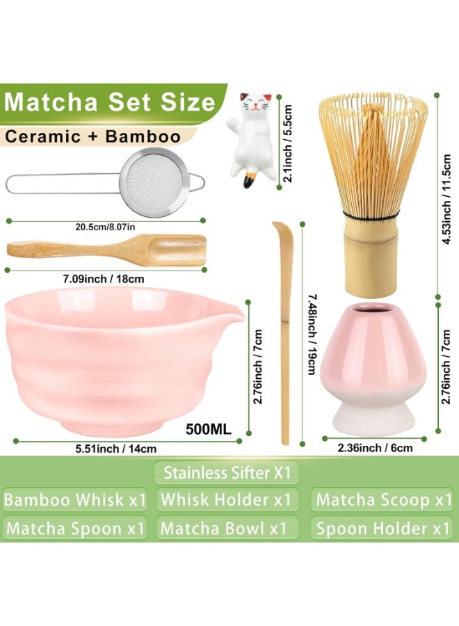 HengLiSam 7 Pcs Matcha Whisk Set, Matcha Set with Ceramic Bowl, Whisk, Whisk Holder, Bamboo Scoop, Sifter, Spoon and Holder, Matcha Kit for Matcha Lover (Pink) - Image 2