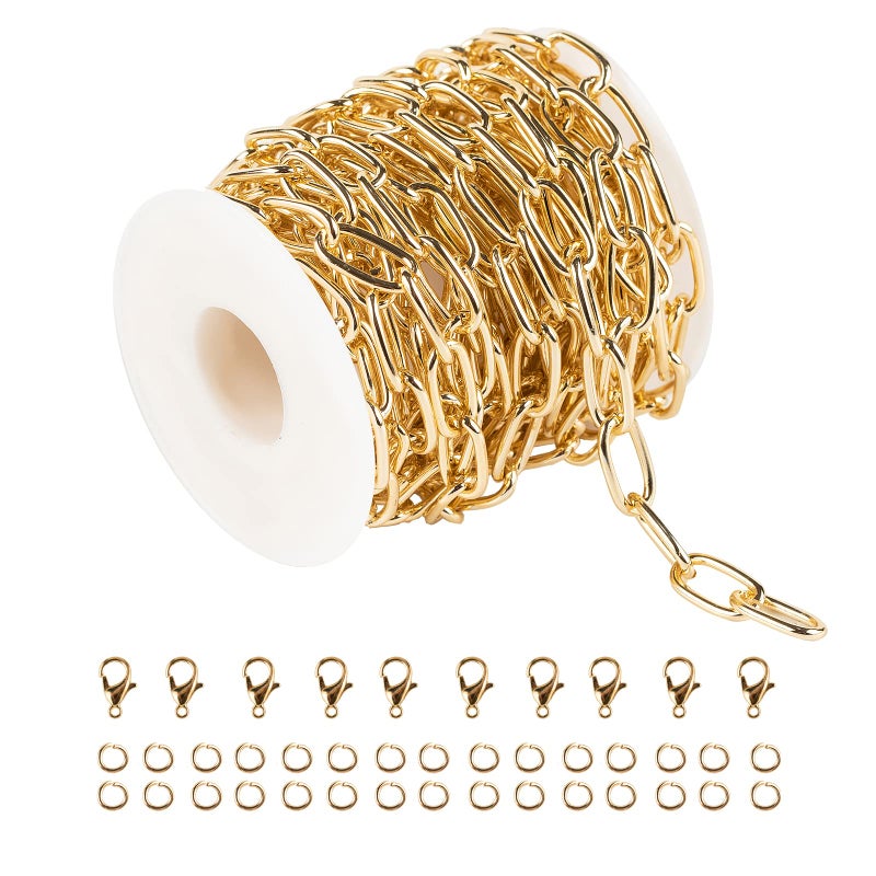 YOUBEIYEE 164 Feet Aluminum Oval Light Gold Chains for Jewelry Making Unwelded Paperclip Link Cable Chain Roll Necklace Chains Bulk with Lobster Clasps and Jump Rings