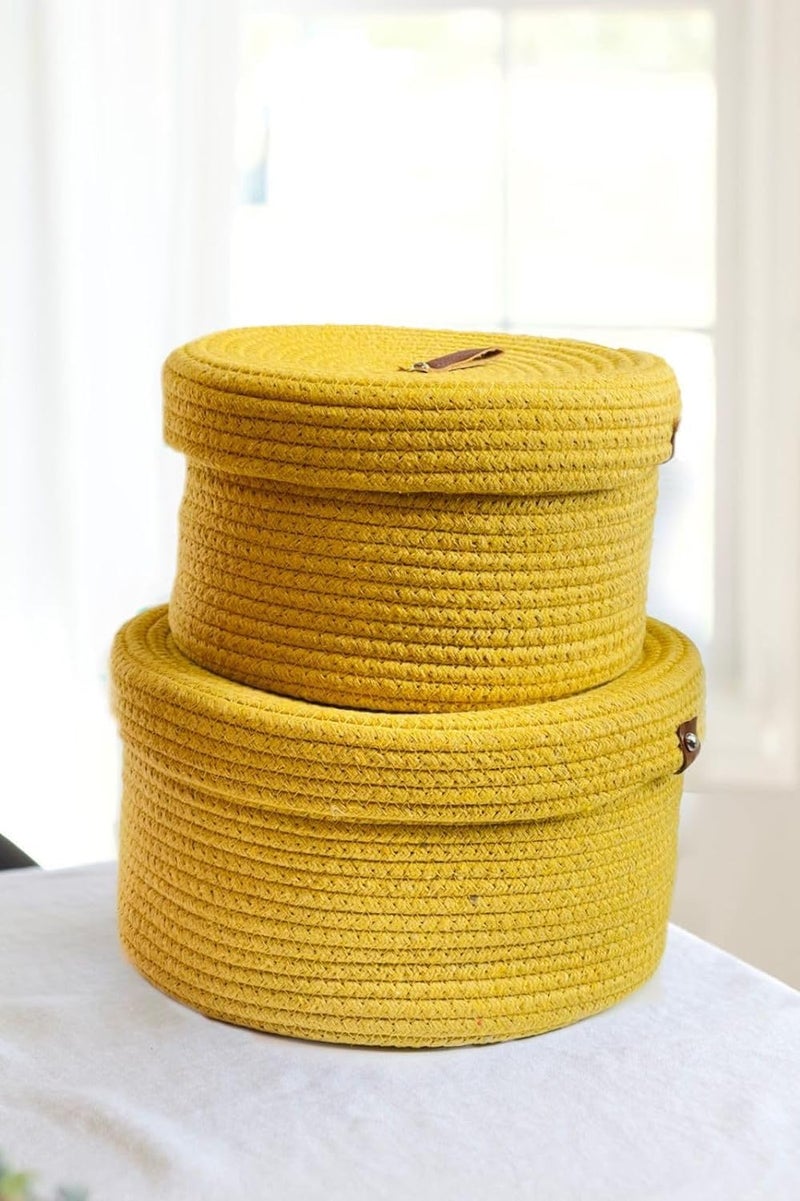 JUTEIFY Juteify 2 Piece Cotton Round Snake Organiser Box with Lid Medium Large Yellow  - Image 3