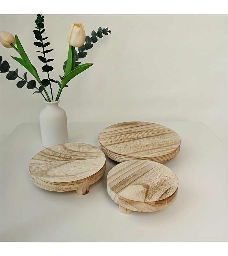 Set Of 2 Natural Wood Color Round Base Trays 14.5cm For Aromatherapy Candle Holders Desktop Cosmetic Jewelry Storage Display Stands Home Decor Photo Props - Image 1