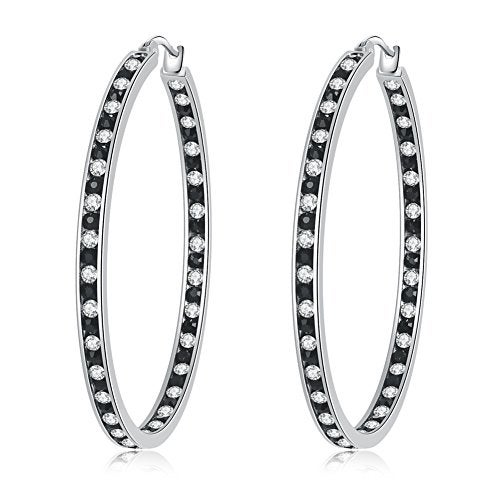 CiNily Ladies Earring Hoops Stainless Steel Hoop Earrings for Women Black White Cubic Zirconia Large Big Hoop Earrings Hypoallergenic for Sensitive Ears - Image 1