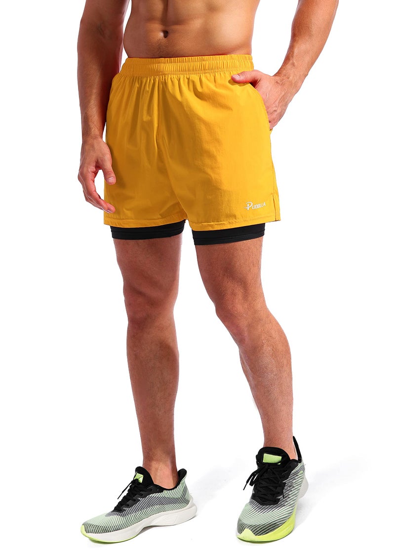 Pudolla Men’s 2 in 1 Running Shorts 5" Quick Dry Gym Athletic Workout Shorts for Men with Phone Pockets(Flame Orange Medium) - Image 3