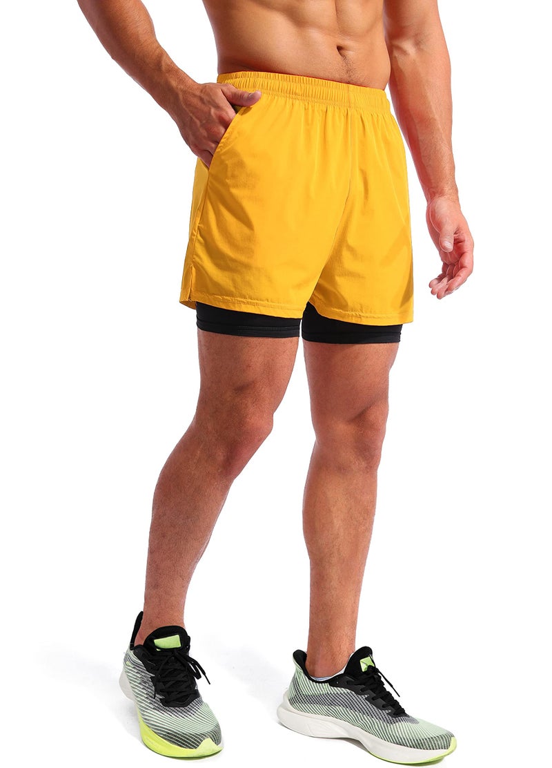 Pudolla Men’s 2 in 1 Running Shorts 5" Quick Dry Gym Athletic Workout Shorts for Men with Phone Pockets(Flame Orange Medium) - Image 2