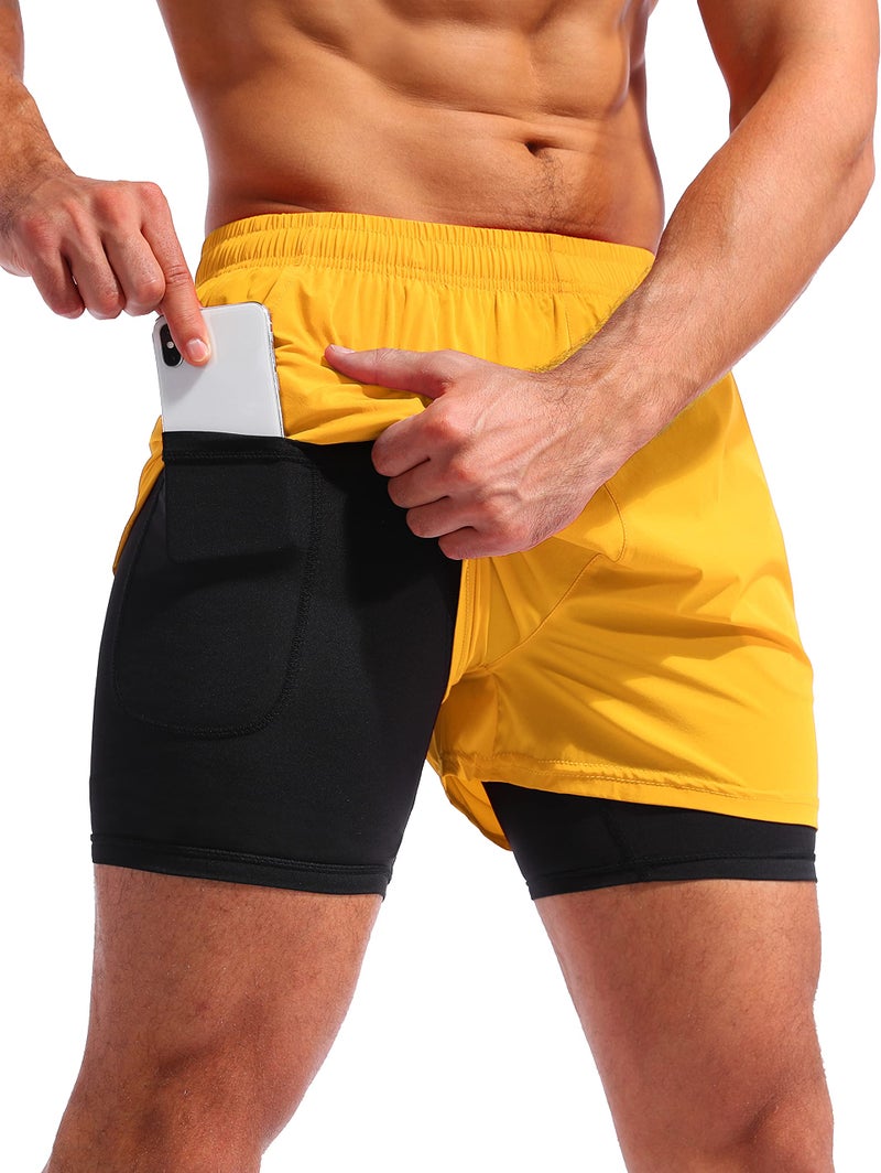 Pudolla Men’s 2 in 1 Running Shorts 5" Quick Dry Gym Athletic Workout Shorts for Men with Phone Pockets(Flame Orange Medium) - Image 1