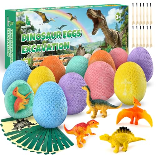 Beanewone Easter Dino Eggs Dig Kit 12 Colorful Dinosaur Easter Eggs with Dinosaur Figures 12 Dig Tools for Easter Egg Hunt Easter Basket Stuffers Easter Toys and Games Colorful - Image 1