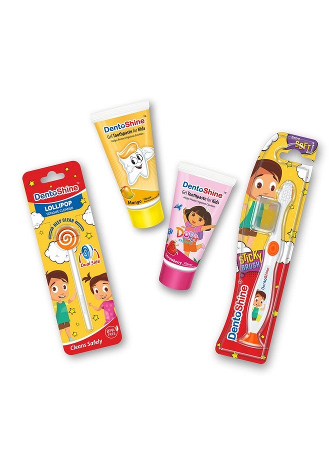 DentoShine Oral Care Combo Ages 2+ (Sticky Toothbrush For Kids + Lollipop Tongue Cleaner + Flavored Toothpaste 80 G X 2) (Mango & Strawberry) - Image 1