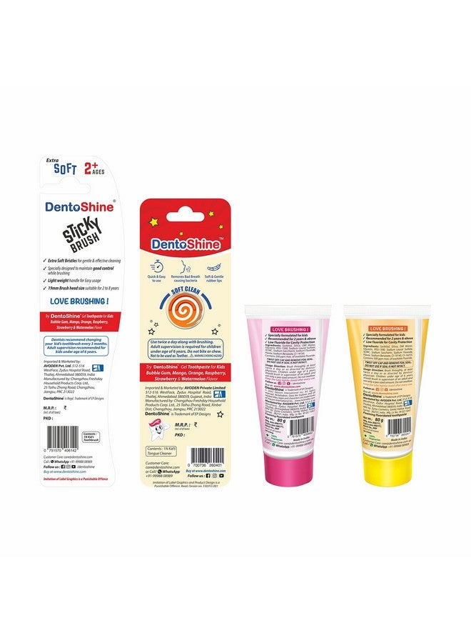 DentoShine Oral Care Combo Ages 2+ (Sticky Toothbrush For Kids + Lollipop Tongue Cleaner + Flavored Toothpaste 80 G X 2) (Mango & Strawberry) - Image 5