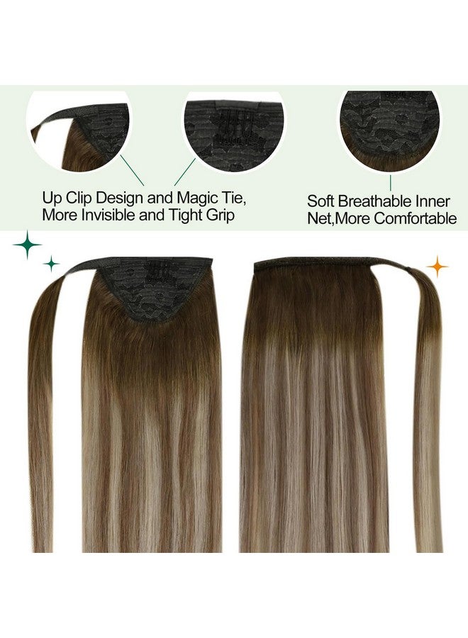 إيزي يوث وصلة ذيل حصان من الشعر البشري بمشبك Balayage في وصلة ذيل الحصان بني داكن يتلاشى إلى البني الرماد ويبرز أشقر ذيل الحصان وصلات شعر بشري 18 بوصة 80 جم - Image 4