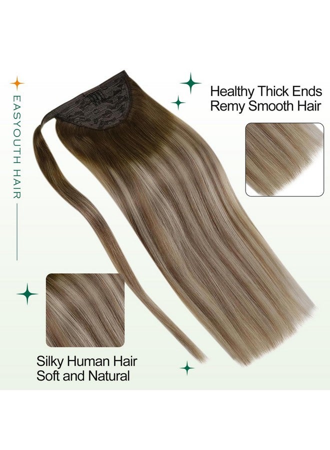 إيزي يوث وصلة ذيل حصان من الشعر البشري بمشبك Balayage في وصلة ذيل الحصان بني داكن يتلاشى إلى البني الرماد ويبرز أشقر ذيل الحصان وصلات شعر بشري 18 بوصة 80 جم - Image 2