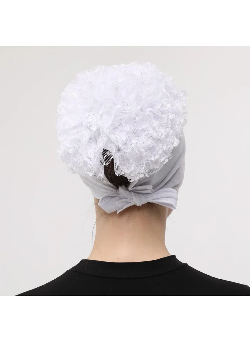 Sensu Stitched at the Front, Tied at the Back, Bun, Lace, Frill, Hijab Bonnet