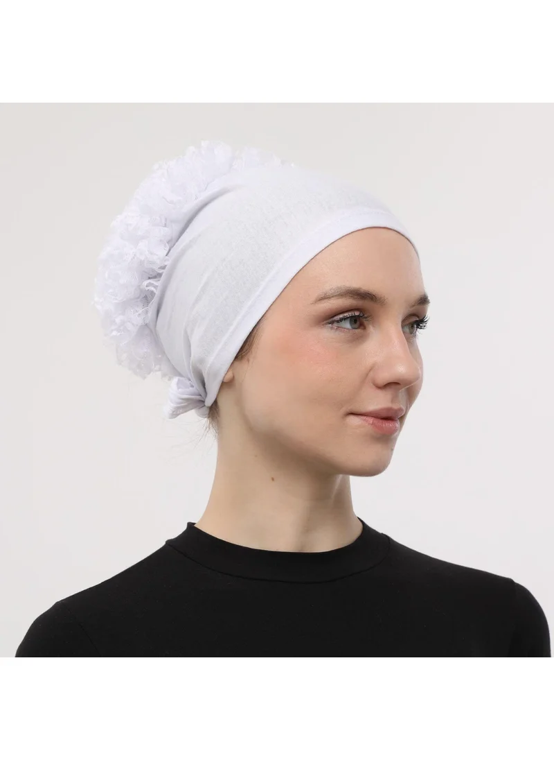 Sensu Stitched at the Front, Tied at the Back, Bun, Lace, Frill, Hijab Bonnet