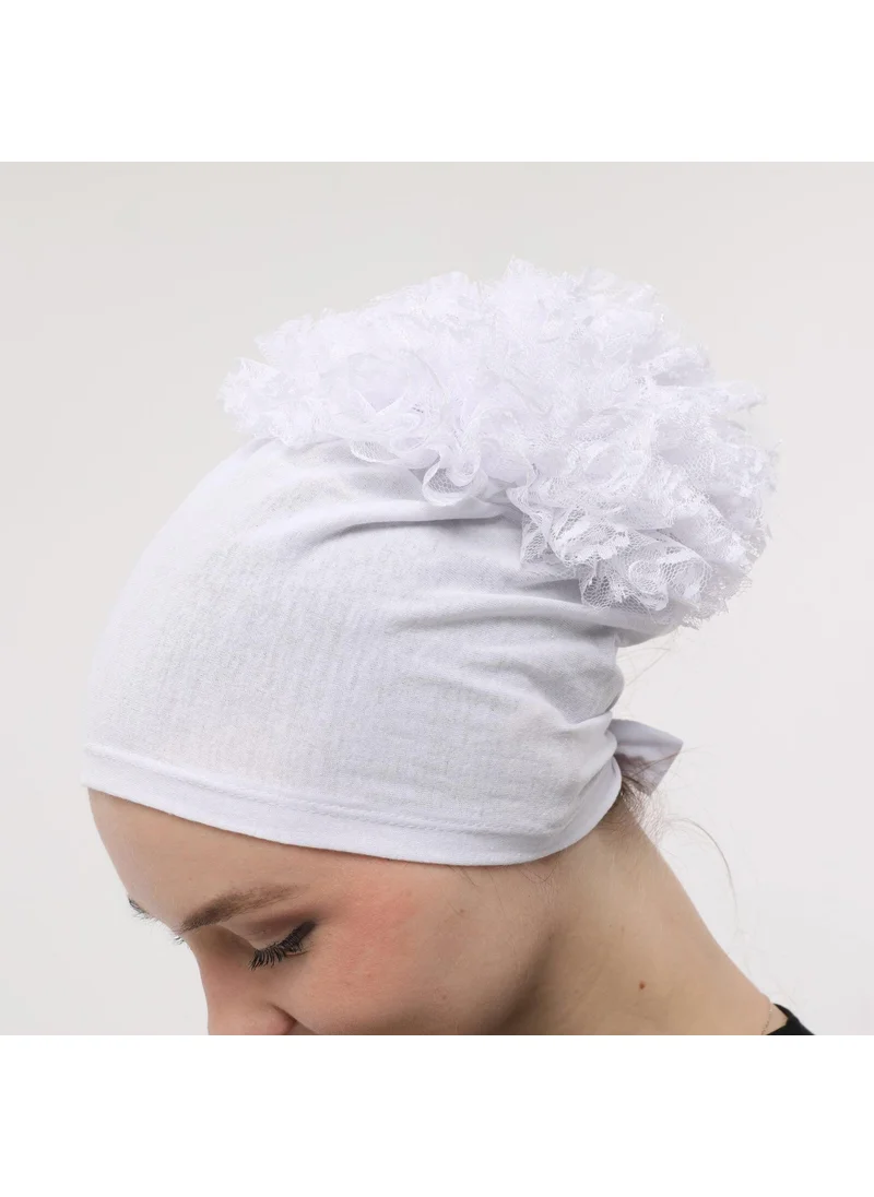 Sensu Stitched at the Front, Tied at the Back, Bun, Lace, Frill, Hijab Bonnet