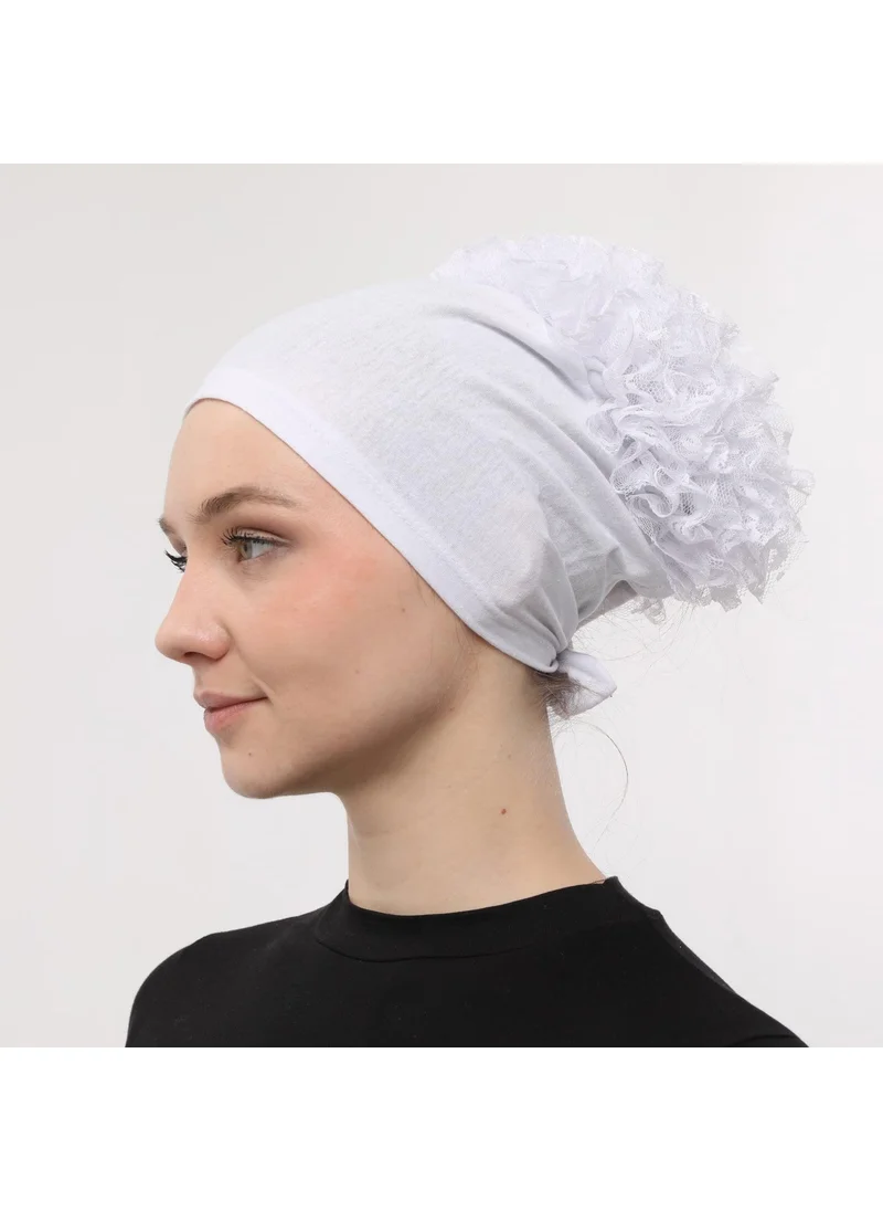 Sensu Stitched at the Front, Tied at the Back, Bun, Lace, Frill, Hijab Bonnet