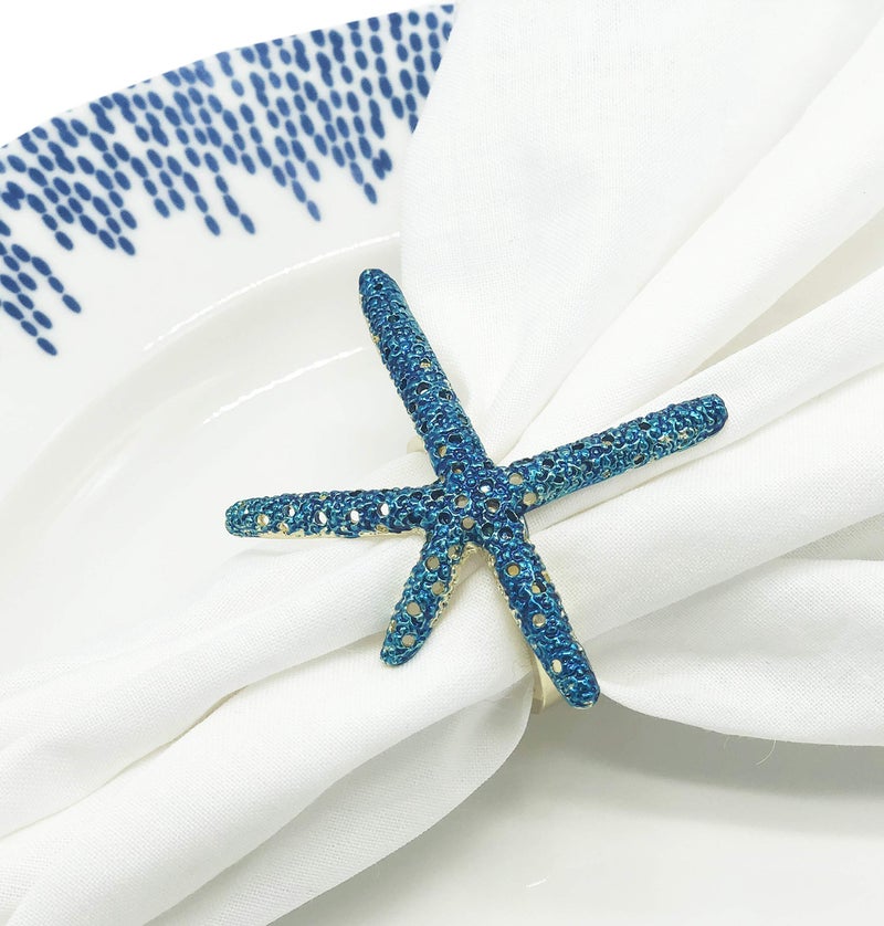 Fennco Styles Fennco Styles Coastal Sea Creatures Metal Napkin Rings  Set of 4 - Blue Nautical Napkin Holders for Home D?cor  Dining Table  Banquets  Family Gathering and Special Occasions (Gold Ring) - Image 5