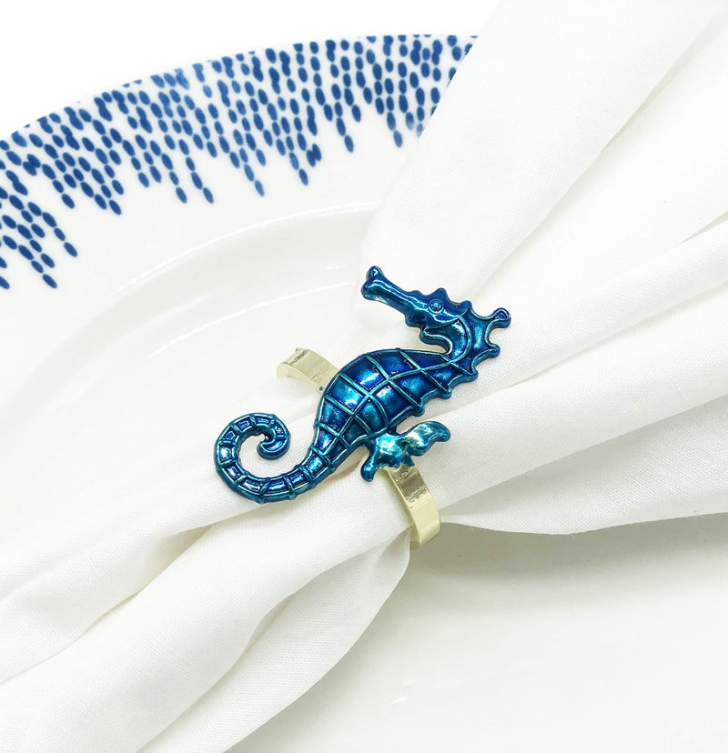 Fennco Styles Fennco Styles Coastal Sea Creatures Metal Napkin Rings  Set of 4 - Blue Nautical Napkin Holders for Home D?cor  Dining Table  Banquets  Family Gathering and Special Occasions (Gold Ring) - Image 4