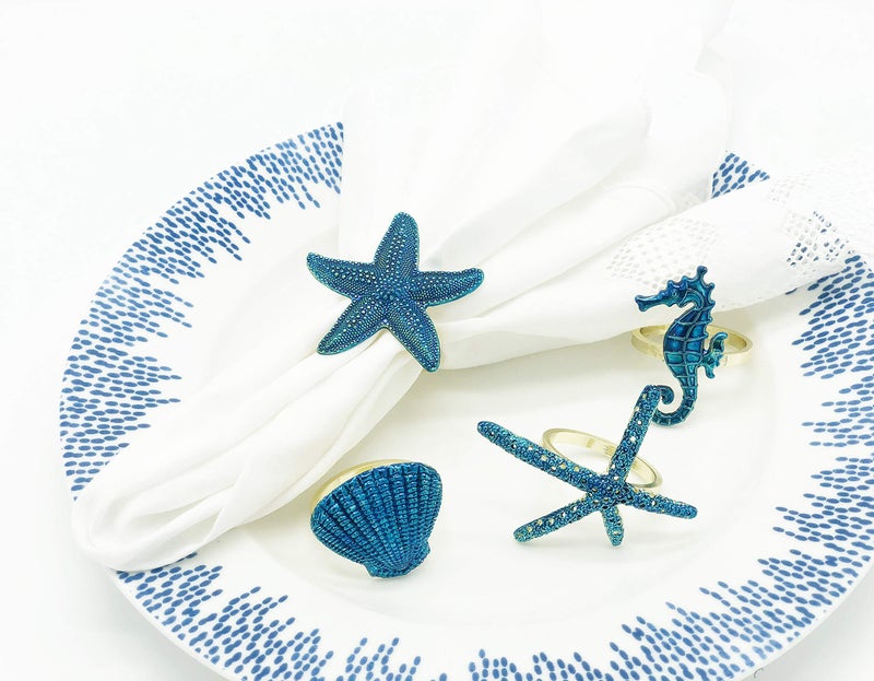 Fennco Styles Fennco Styles Coastal Sea Creatures Metal Napkin Rings  Set of 4 - Blue Nautical Napkin Holders for Home D?cor  Dining Table  Banquets  Family Gathering and Special Occasions (Gold Ring) - Image 2