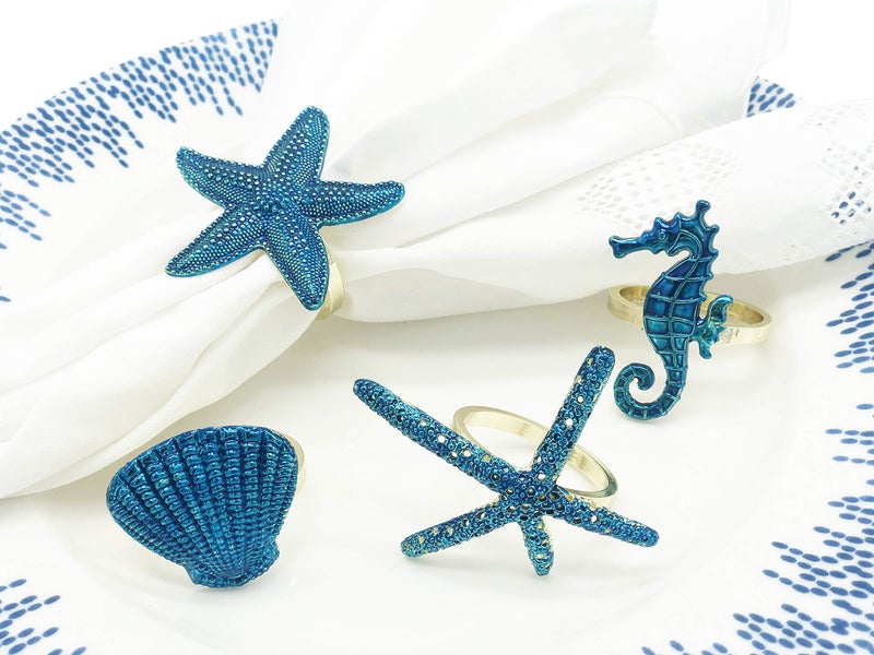 Fennco Styles Fennco Styles Coastal Sea Creatures Metal Napkin Rings  Set of 4 - Blue Nautical Napkin Holders for Home D?cor  Dining Table  Banquets  Family Gathering and Special Occasions (Gold Ring) - Image 1